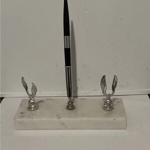 Elegant Silver and Black Pen Holder with Marble Base